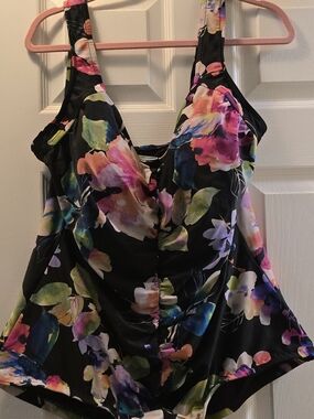Maxine of Hollywood Black Floral One-Piece Ruched swimsuit